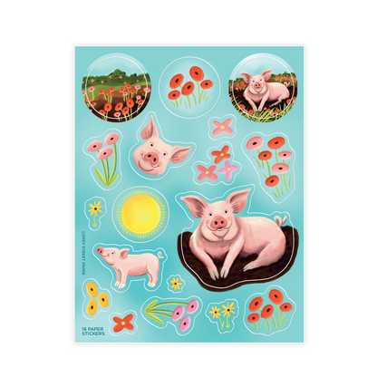 A collection of decorative paper stickers featuring cartoonish pigs with floral elements and a sun, designed for use with planners, journals, and envelopes.