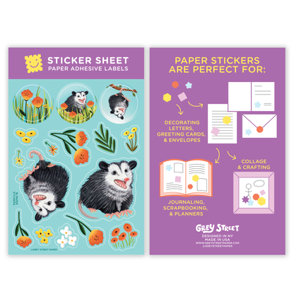 Opossum Flower Garden Paper Sticker Sheet