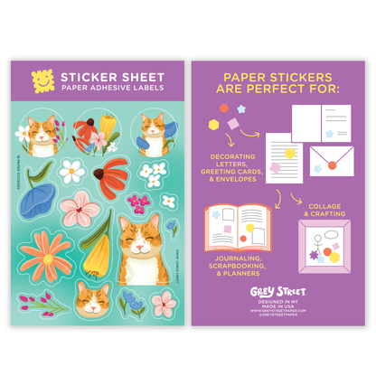 Orange Cat Flower Garden Paper Sticker Sheet