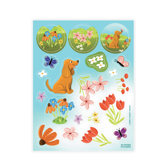 Cute Dog Butterfly Flower Field Paper Sticker Sheet