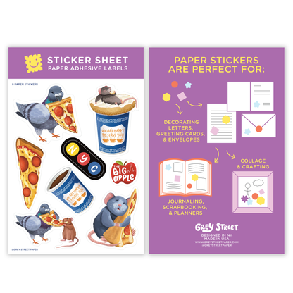 New York City Rat, Pigeon, Coffee, Pizza, Big Apple Paper Sticker Sheet