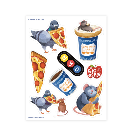 New York City Rat, Pigeon, Coffee, Pizza, Big Apple Paper Sticker Sheet