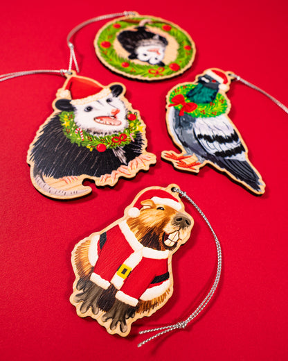 Smiling Capybara in Santa Suit Wood Christmas Ornament