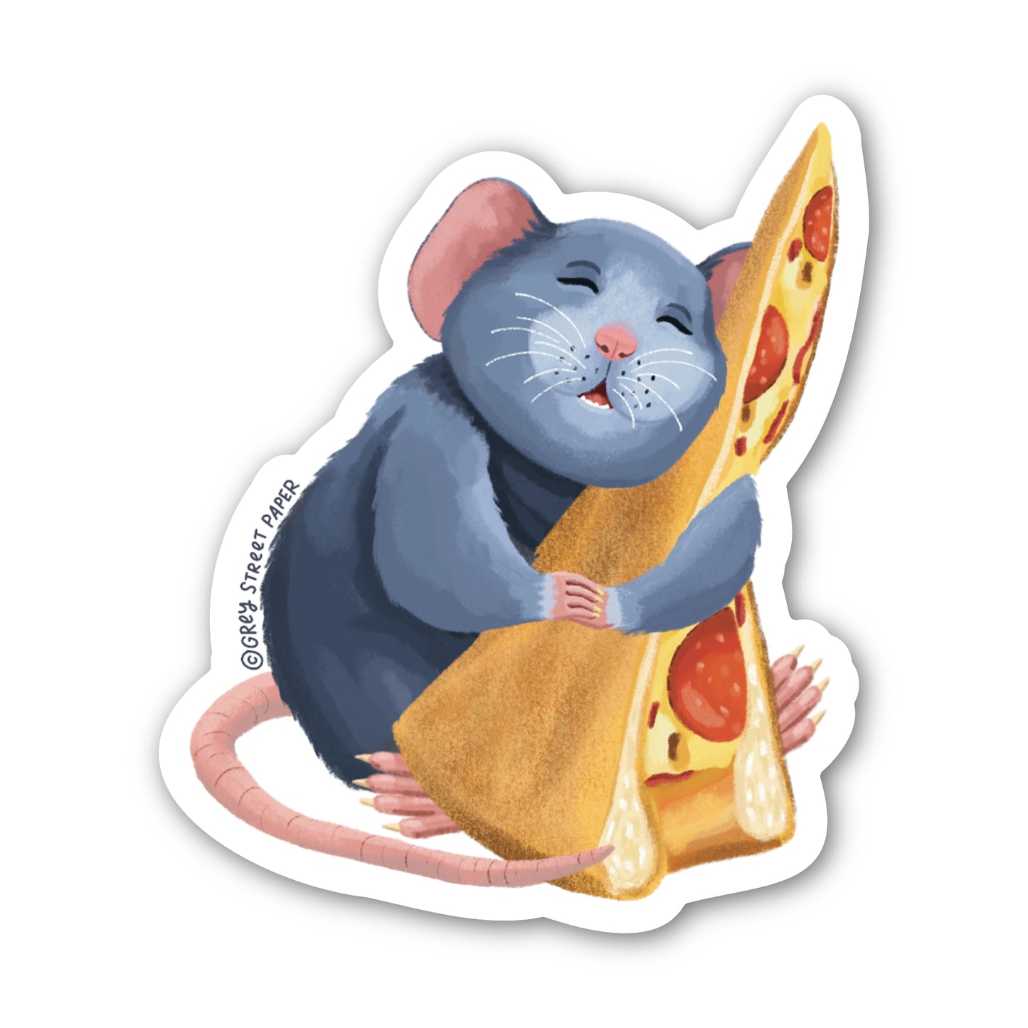 Cartoon mouse holding a slice of pizza on a white background