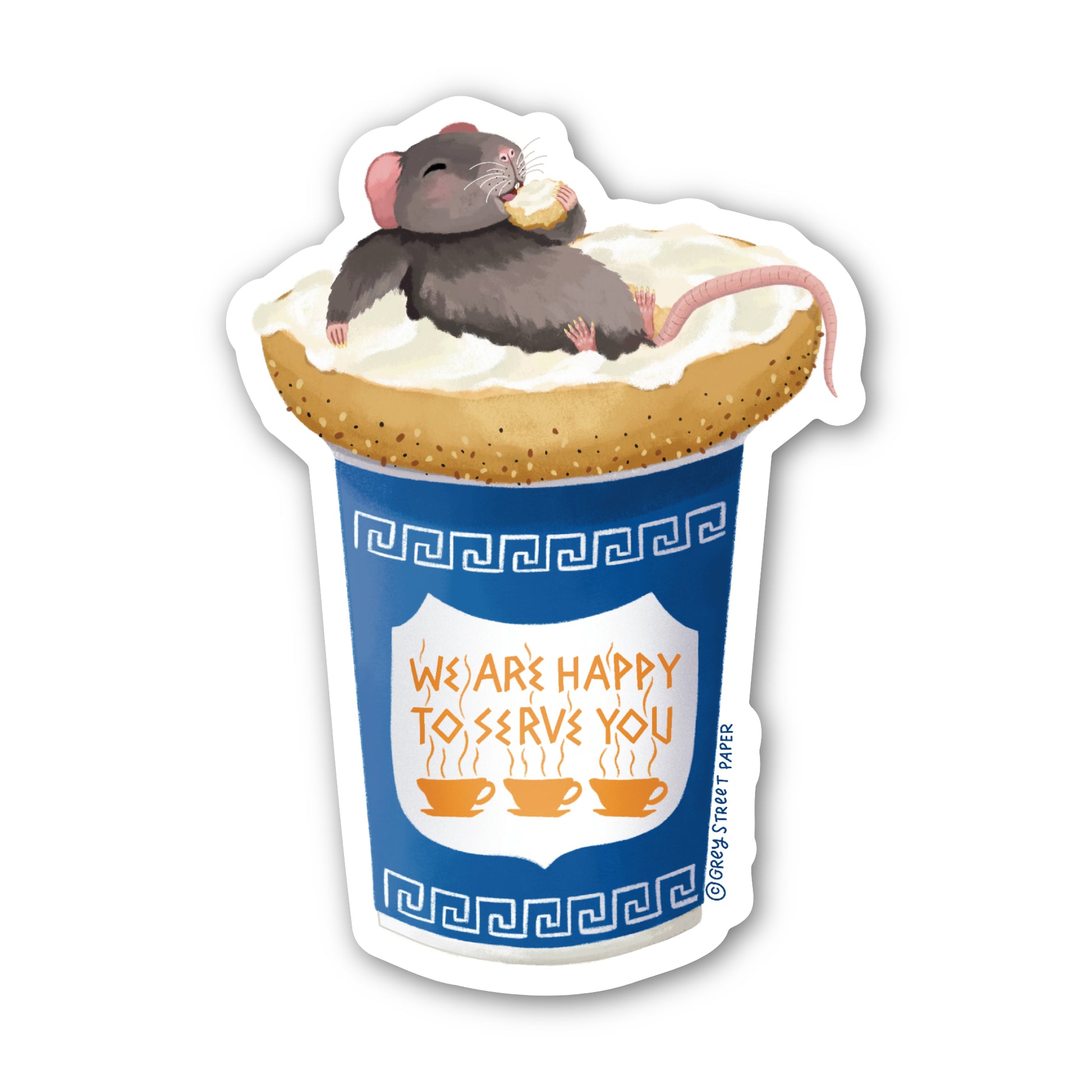 Sticker of a rat eating a bgel in a coffee cup with a blue container labeled 'We are happy to serve you'.
