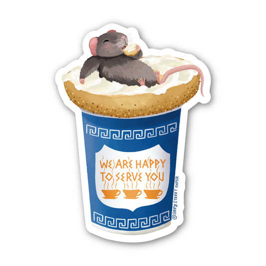 Sticker of a rat eating a bgel in a coffee cup with a blue container labeled 'We are happy to serve you'.