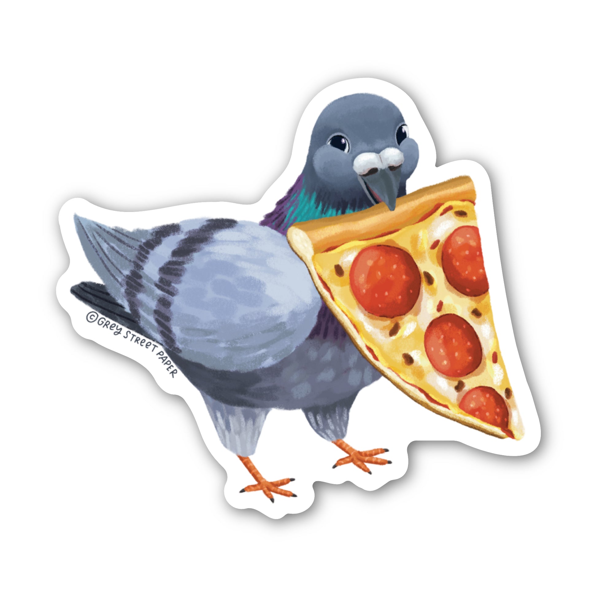 Sticker of a pigeon holding a slice of pizza on a white background