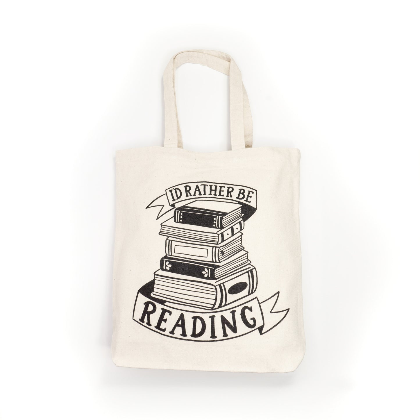 Natural cotton tote bag saying 'I'D RATHER BE READING' with illustrated stack of five books on ribbon banner in black ink on cream canvas