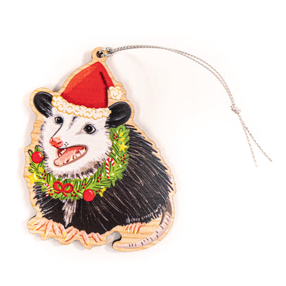 Santa Hat Opossum Festive Wreath Wood Christmas Ornament
