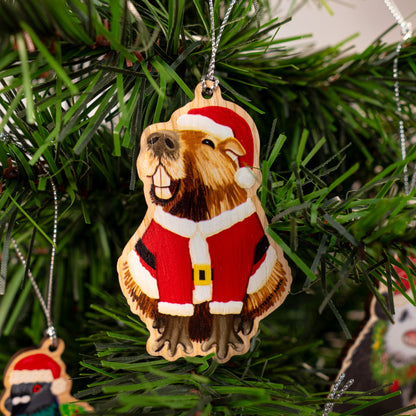 Smiling Capybara in Santa Suit Wood Christmas Ornament