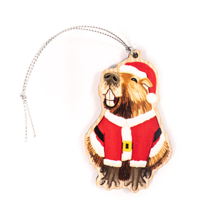 Smiling Capybara in Santa Suit Wood Christmas Ornament