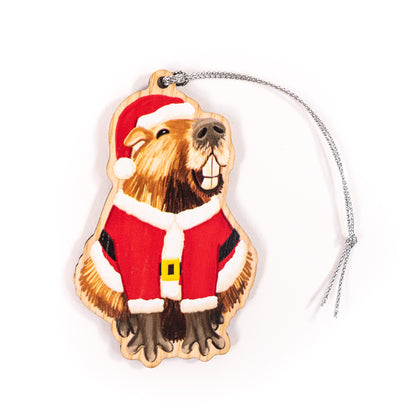 Smiling Capybara in Santa Suit Wood Christmas Ornament