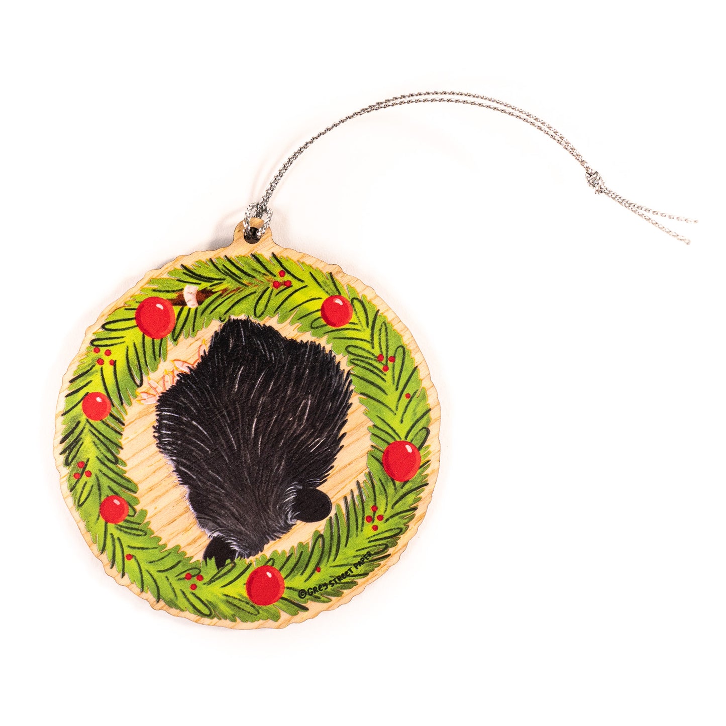 Hanging Opossum In Festive Christmas Wreath Wood Christmas Ornament