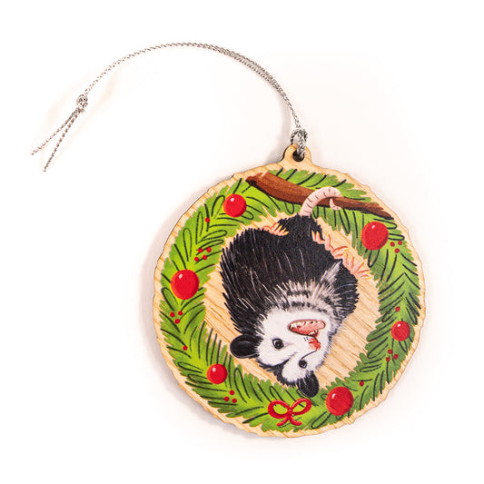 Hanging Opossum In Festive Christmas Wreath Wood Christmas Ornament