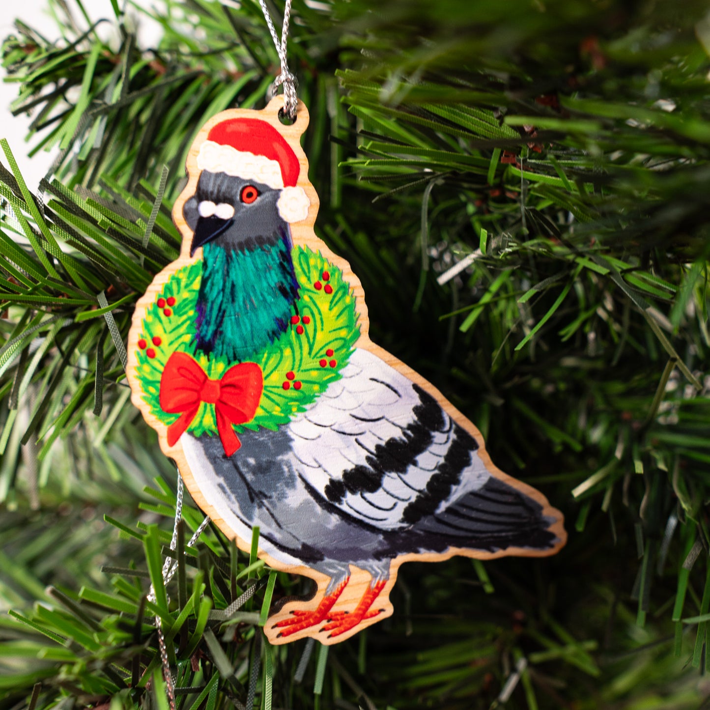 Pigeon With Festive Wreath Wood Christmas Ornament