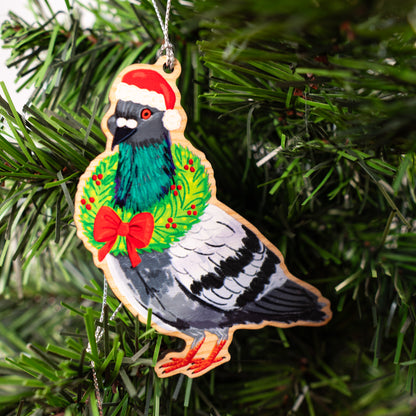 Pigeon With Festive Wreath Wood Christmas Ornament
