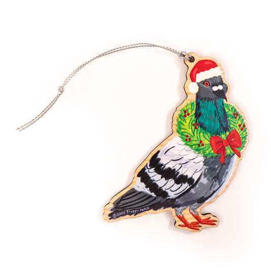 Pigeon With Festive Wreath Wood Christmas Ornament