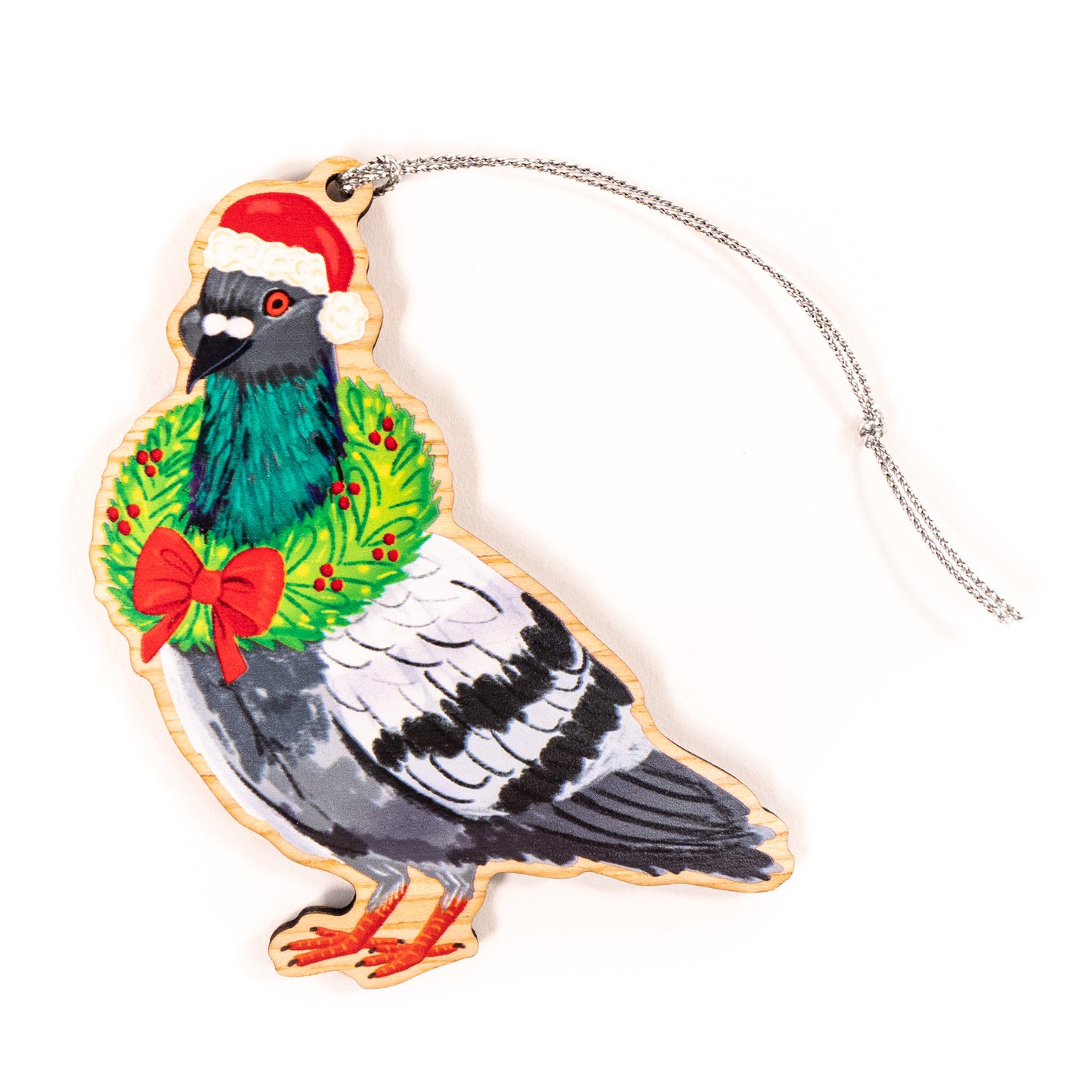 Pigeon With Festive Wreath Wood Christmas Ornament