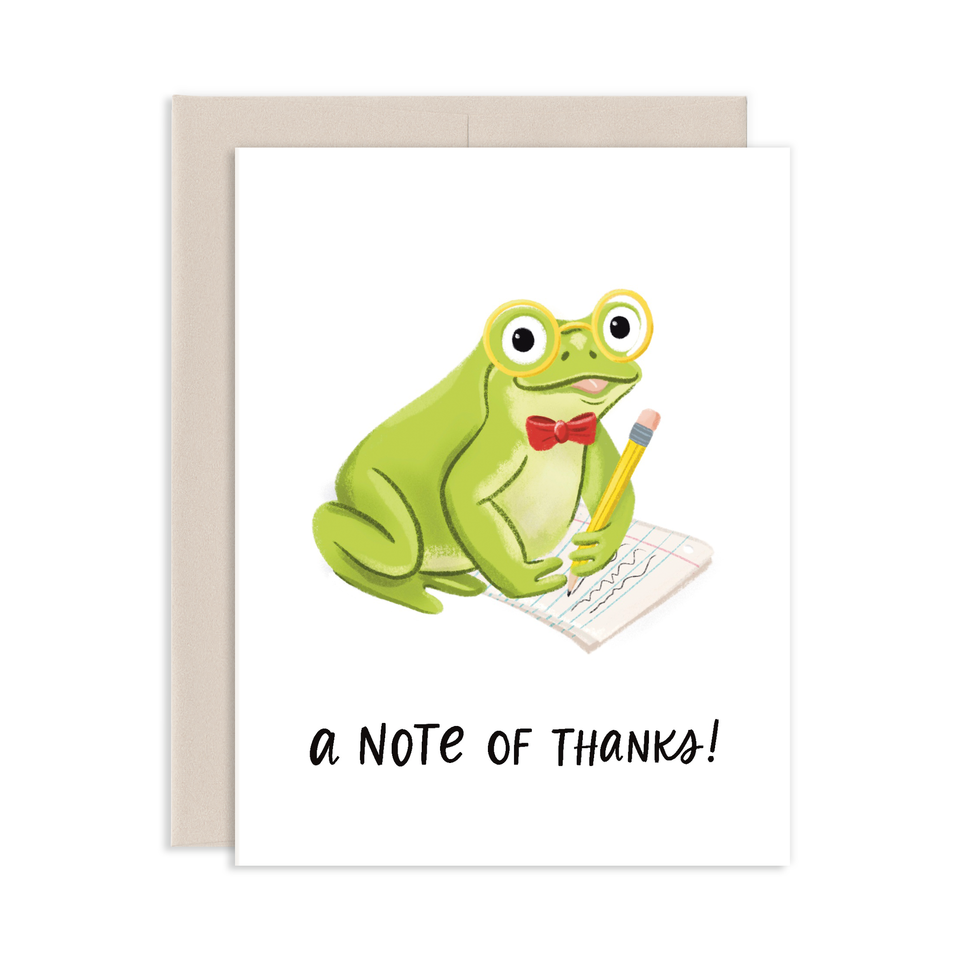 Greeting card with a cartoon frog with a red bow tie and yellow pencil writing  on a sheet of paper with 'a note of thanks!' on a white background
