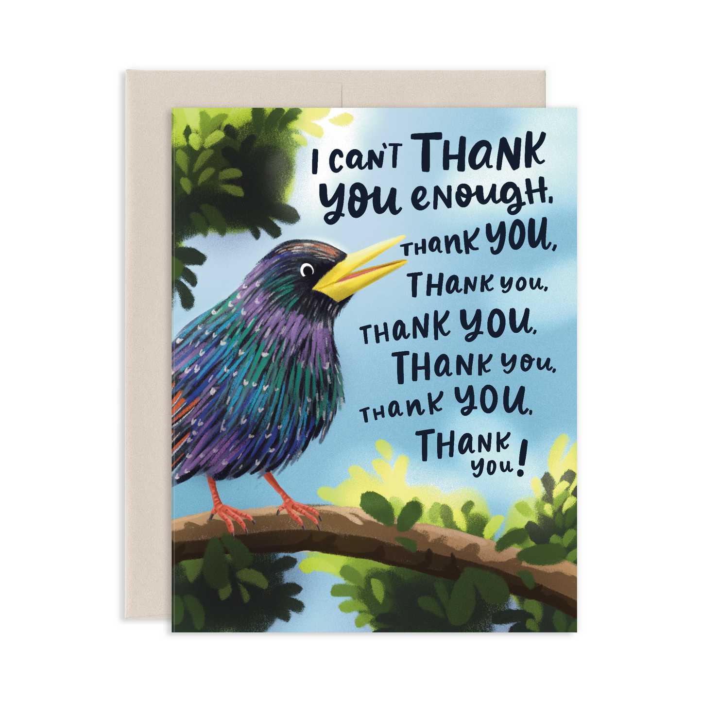 Greeting card with a colorful bird in a tree illustration and text 'I can't thank you enough, thank you, thank you.'