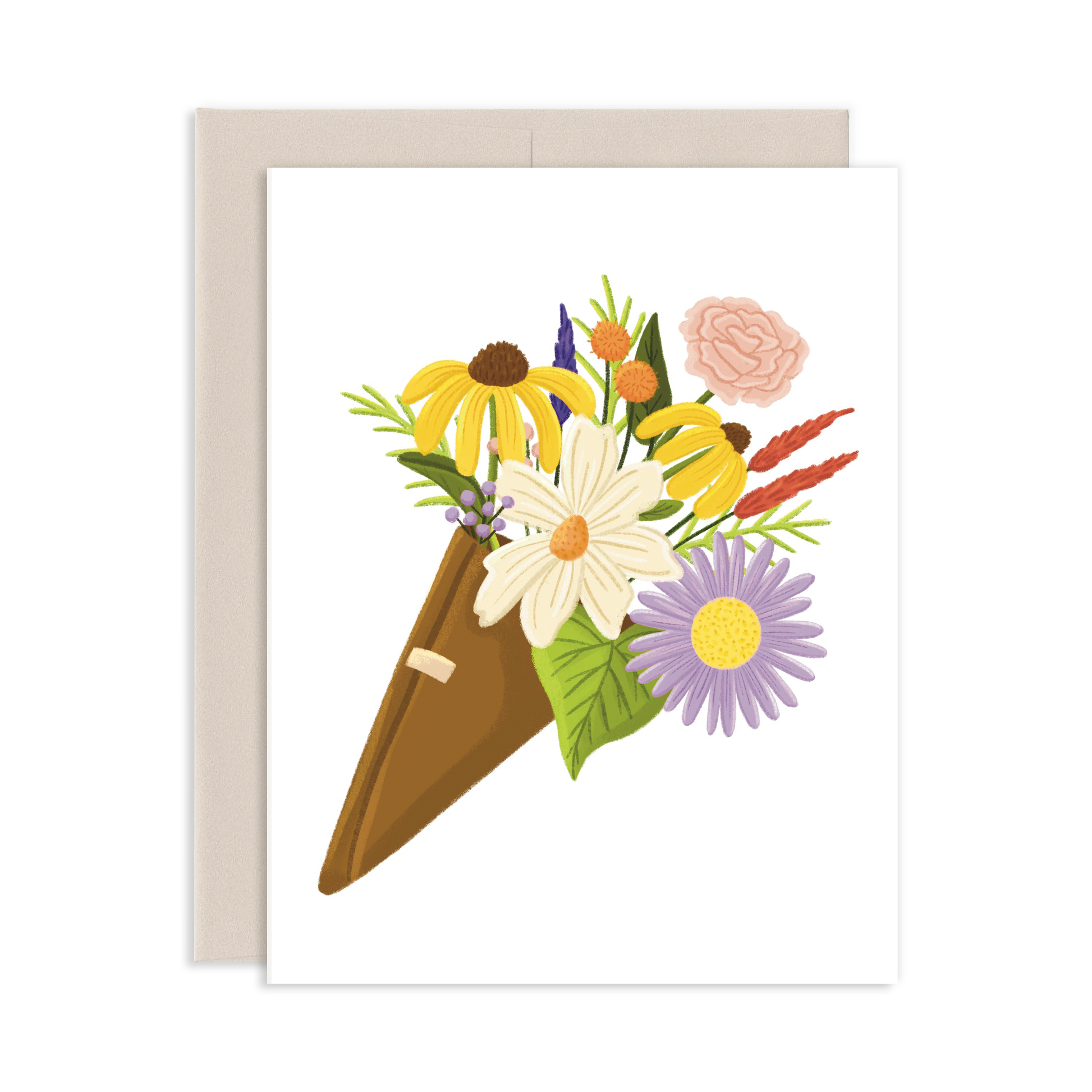 Greeting card with a bouquet of colorful flowers wrapped in brown paper on a white background