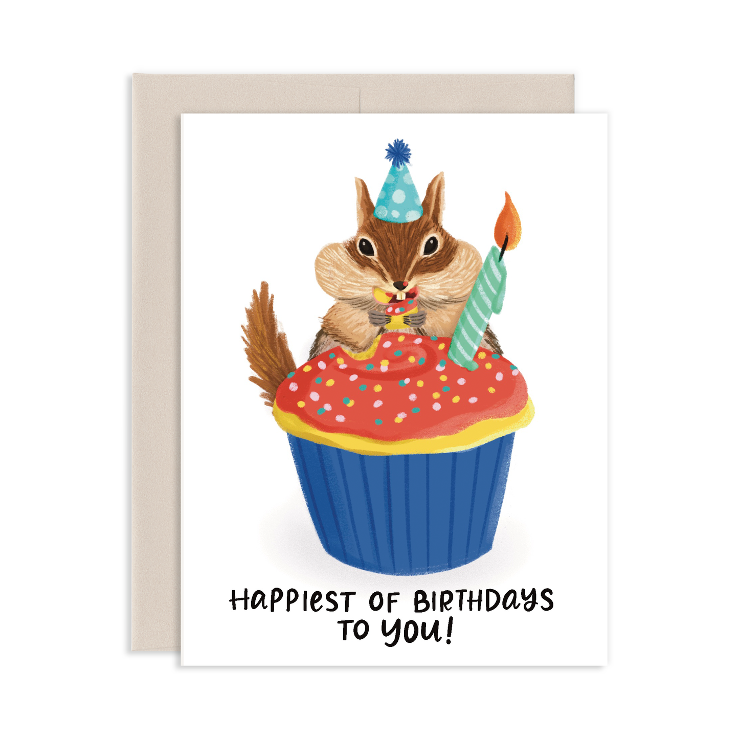 Birthday card with a chipmunk behind a cupcake with a candle, wearing a party hat and holding a piece of cake, on a white background.