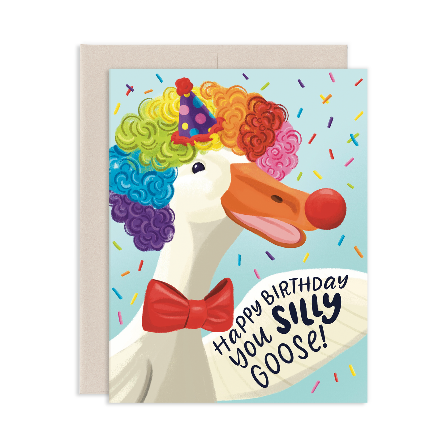 Birthday card with a colorful goose illustration dressed as a clown and text Happy Birthday You Silly Goose on a blue background