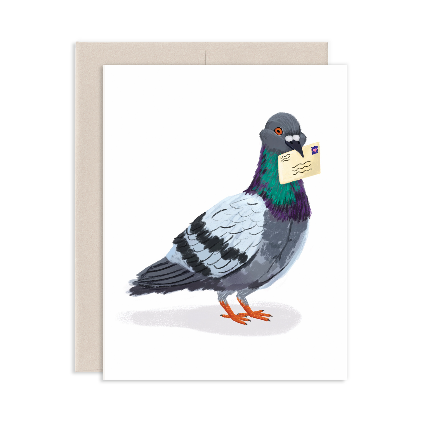 Greeting card with a pigeon holding an envelope on a white background