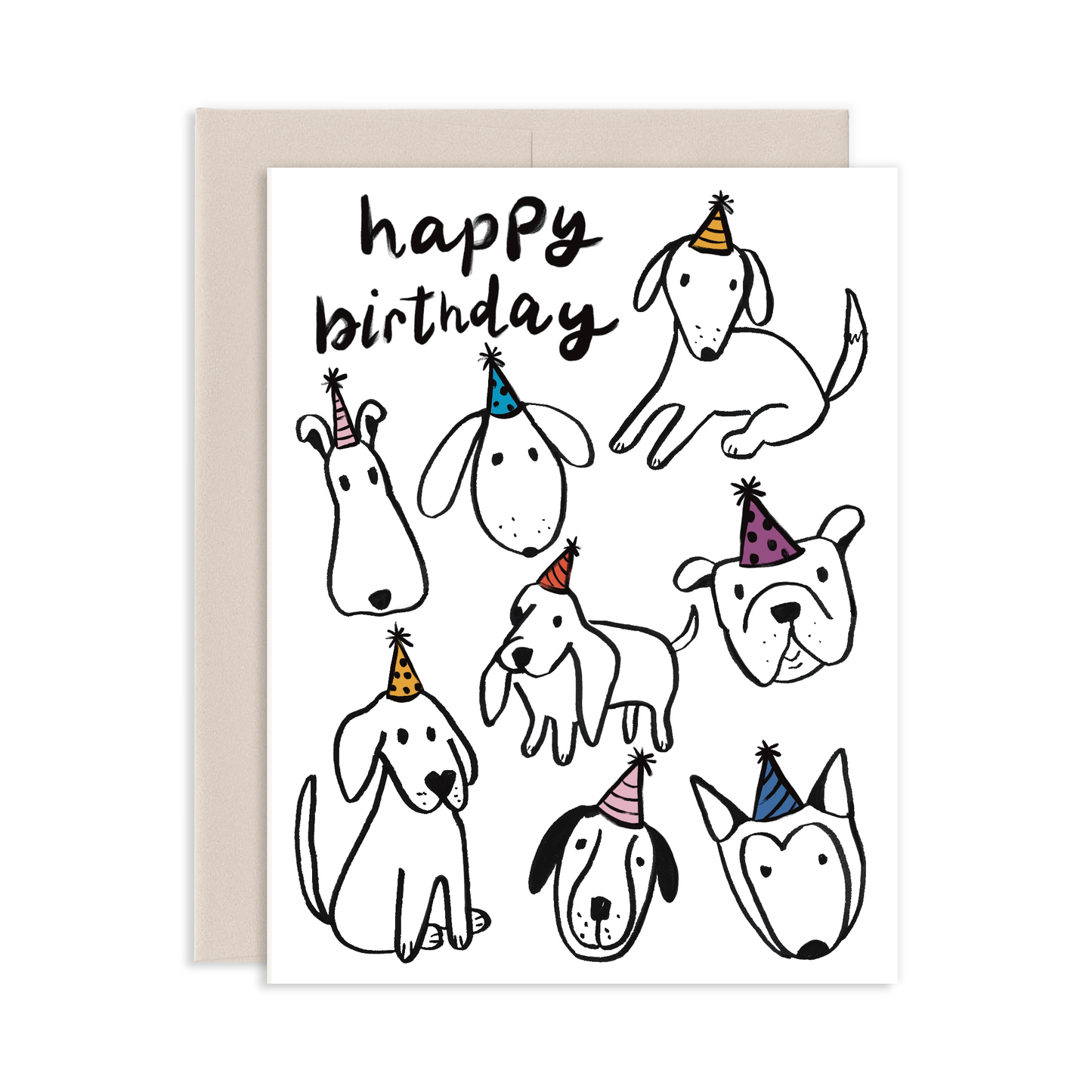 Birthday card with illustrations of dogs wearing party hats and the text 'happy birthday'.