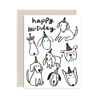 Birthday card with illustrations of dogs wearing party hats and the text 'happy birthday'.