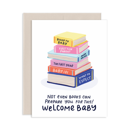 Stack of books with baby-themed titles on a greeting card with text Not Even Books Can Prepare You For This