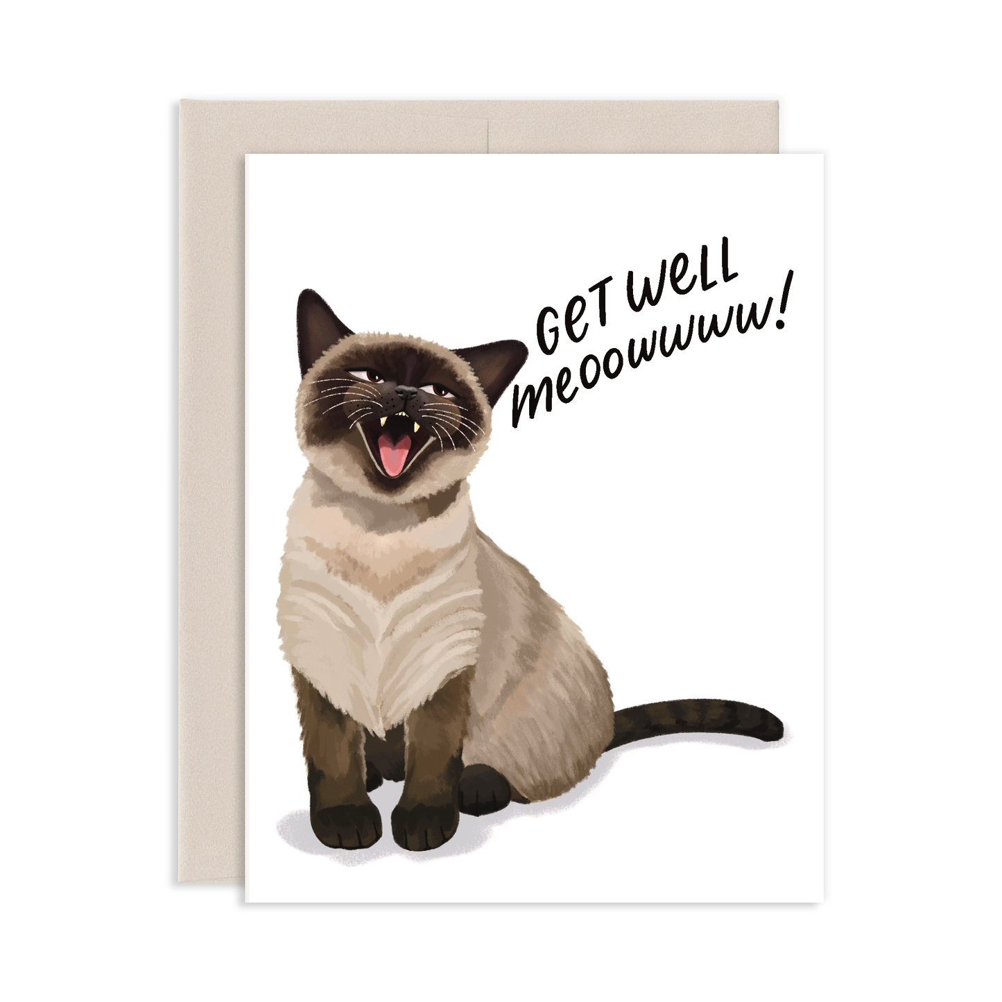 Greeting card with a cat illustration and 'Get Well meoowww!' text on a white background