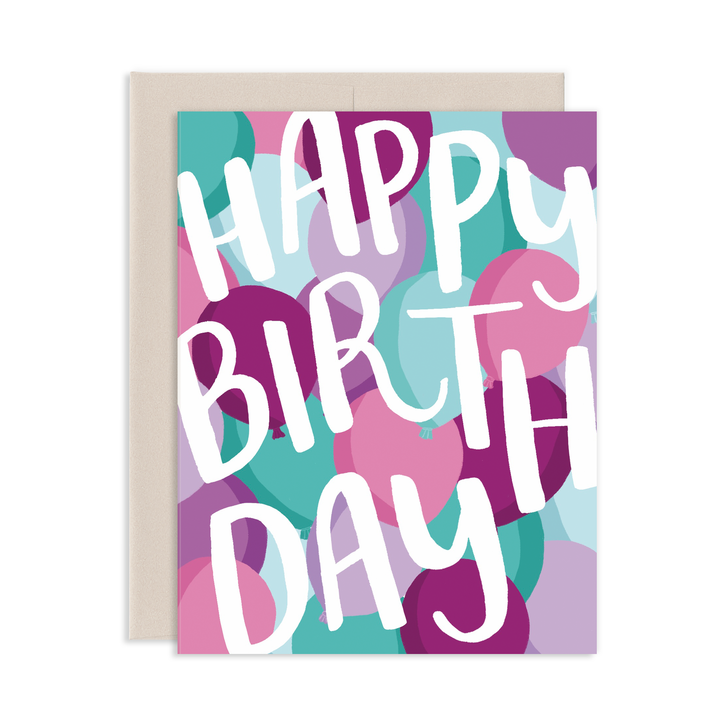 Colorful birthday card with 'Happy Birthday' text with shades of purple balloons behind it on a white background