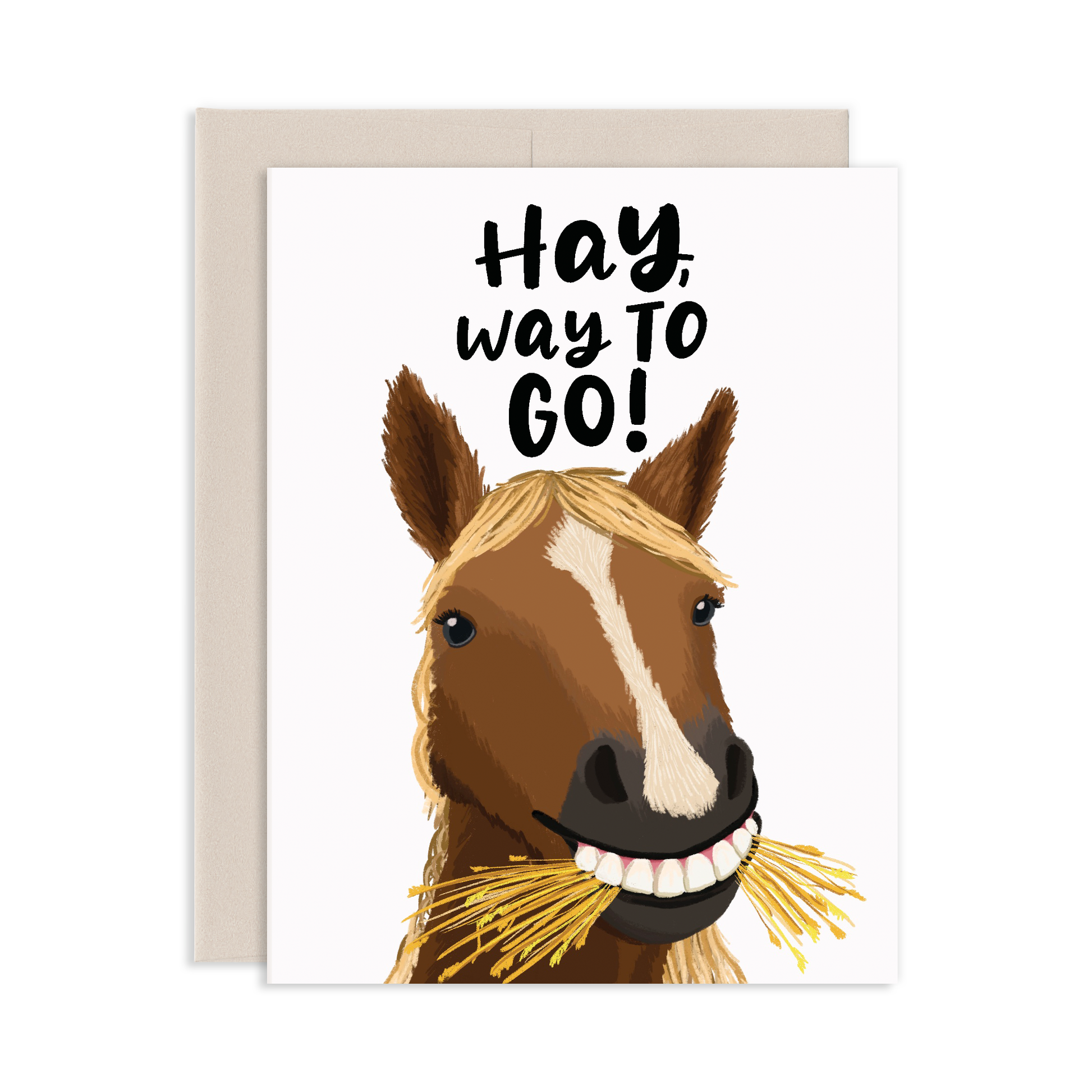 Greeting card with a horse with hay illustration and 'Hay, Way to Go!' text on a white background.
