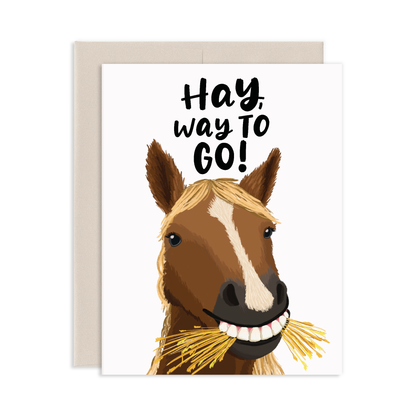 Greeting card with a horse with hay illustration and 'Hay, Way to Go!' text on a white background.