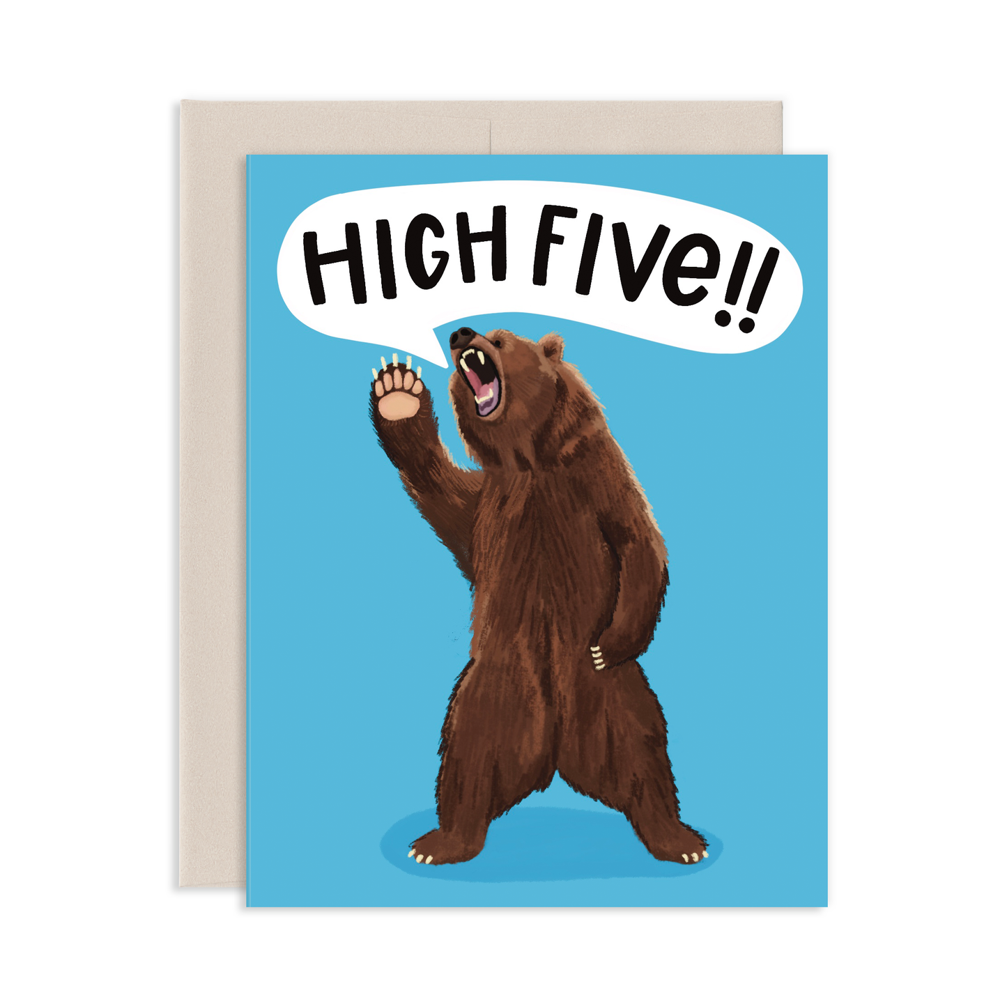 Greeting card with a bear giving a high five and 'HIGH FIVE!!' text on a blue background