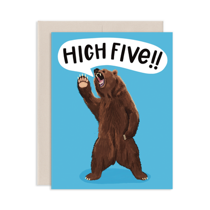 Greeting card with a bear giving a high five and 'HIGH FIVE!!' text on a blue background