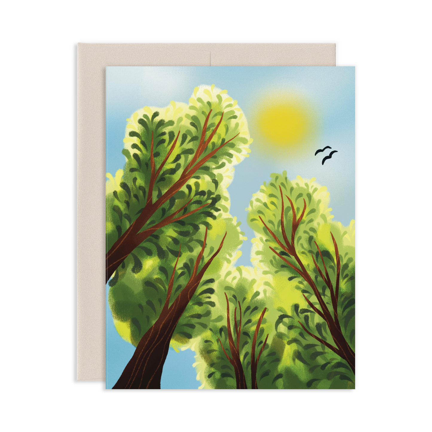 Greeting card with trees and sun illustration on a white background