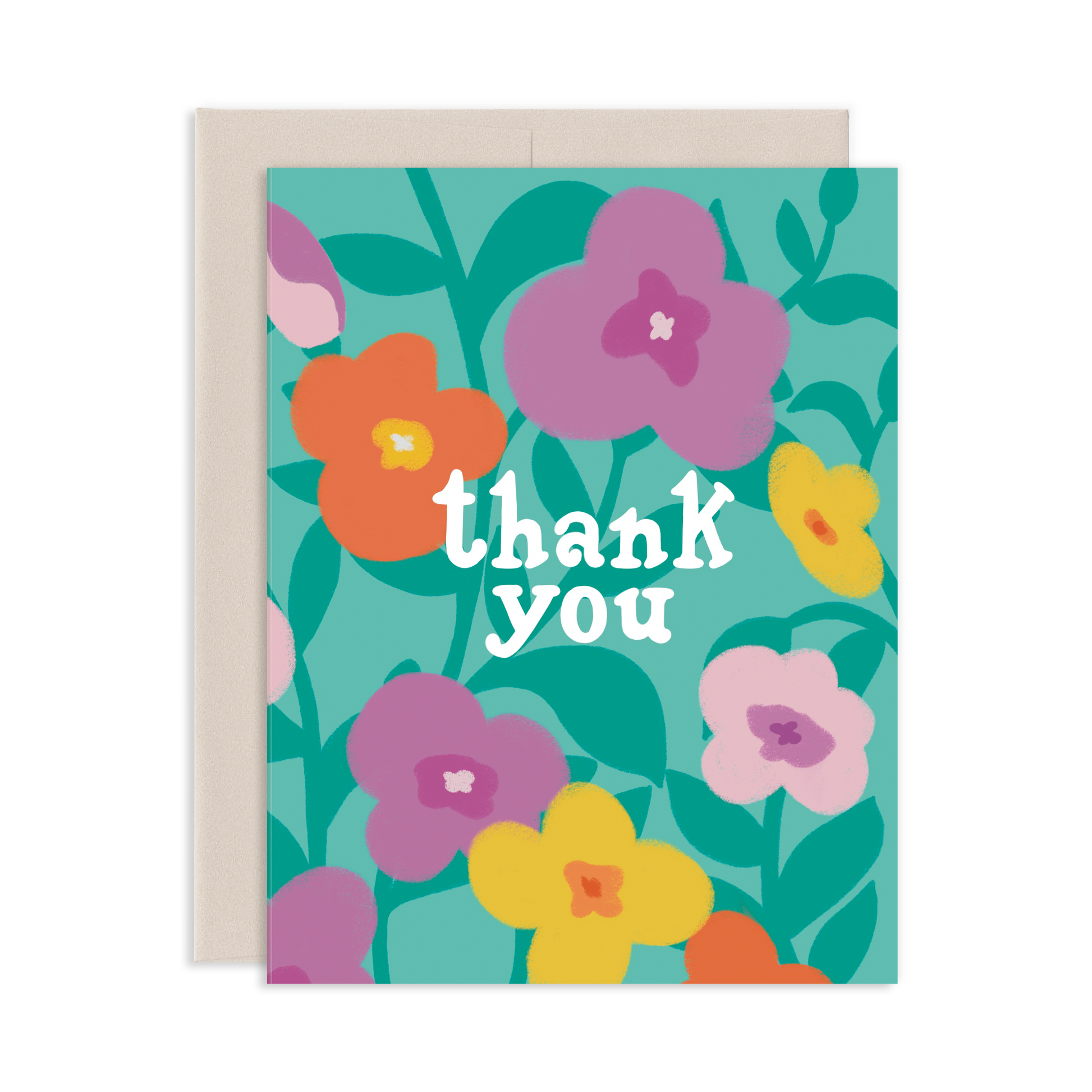 Greeting card with colorful retro style flowers and 'thank you' text on a green background