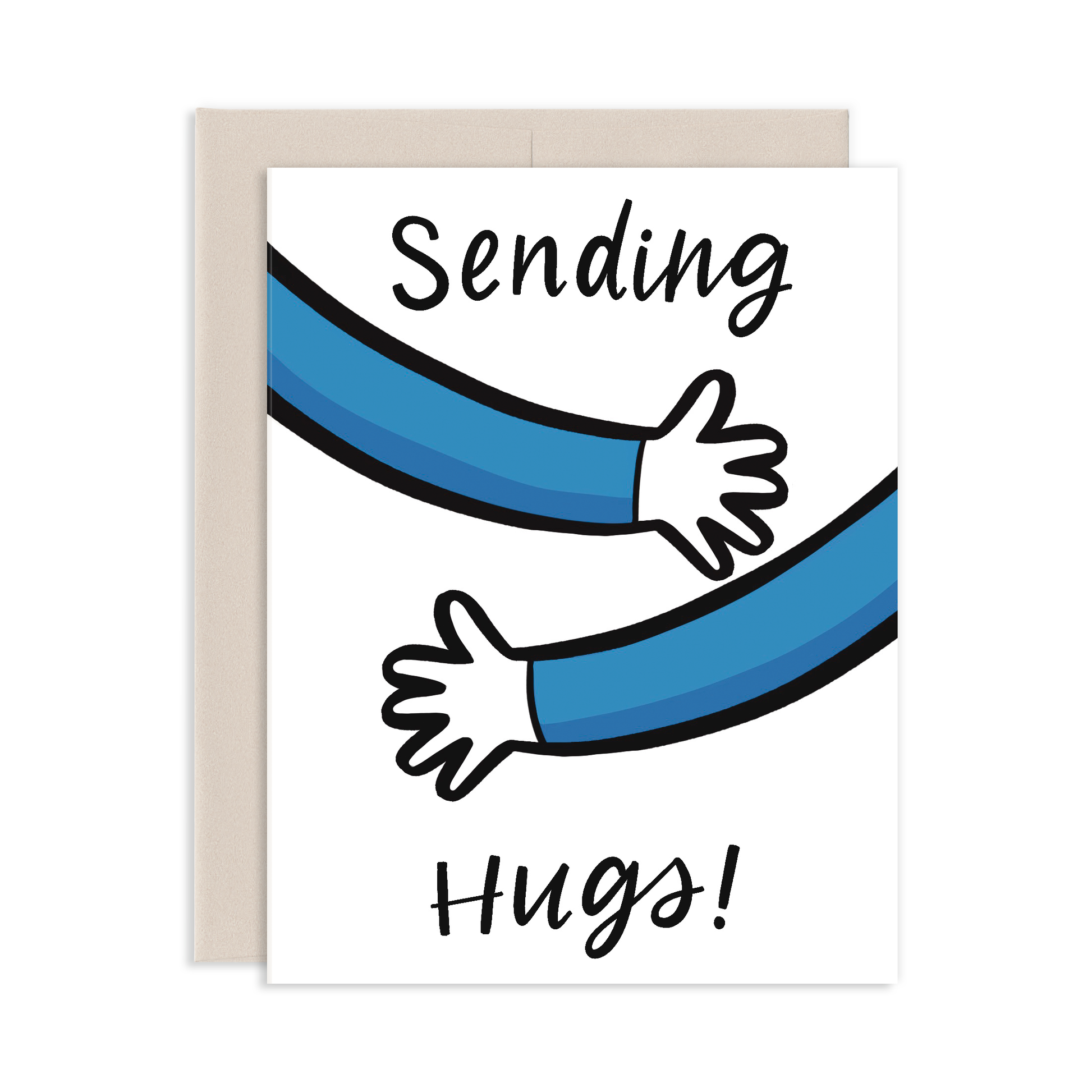 Greeting card with cartoon arms embracing and text 'Sending Hugs!' on a white background