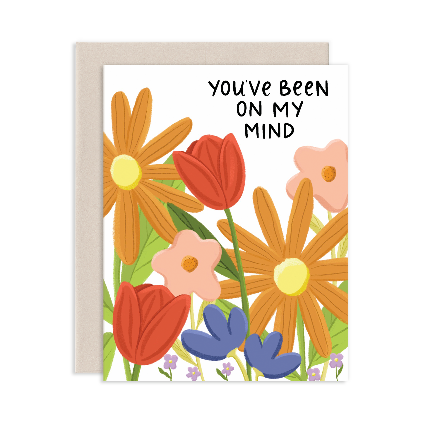 Greeting card with colorful flowers and text 'You've been on my mind' on a white background