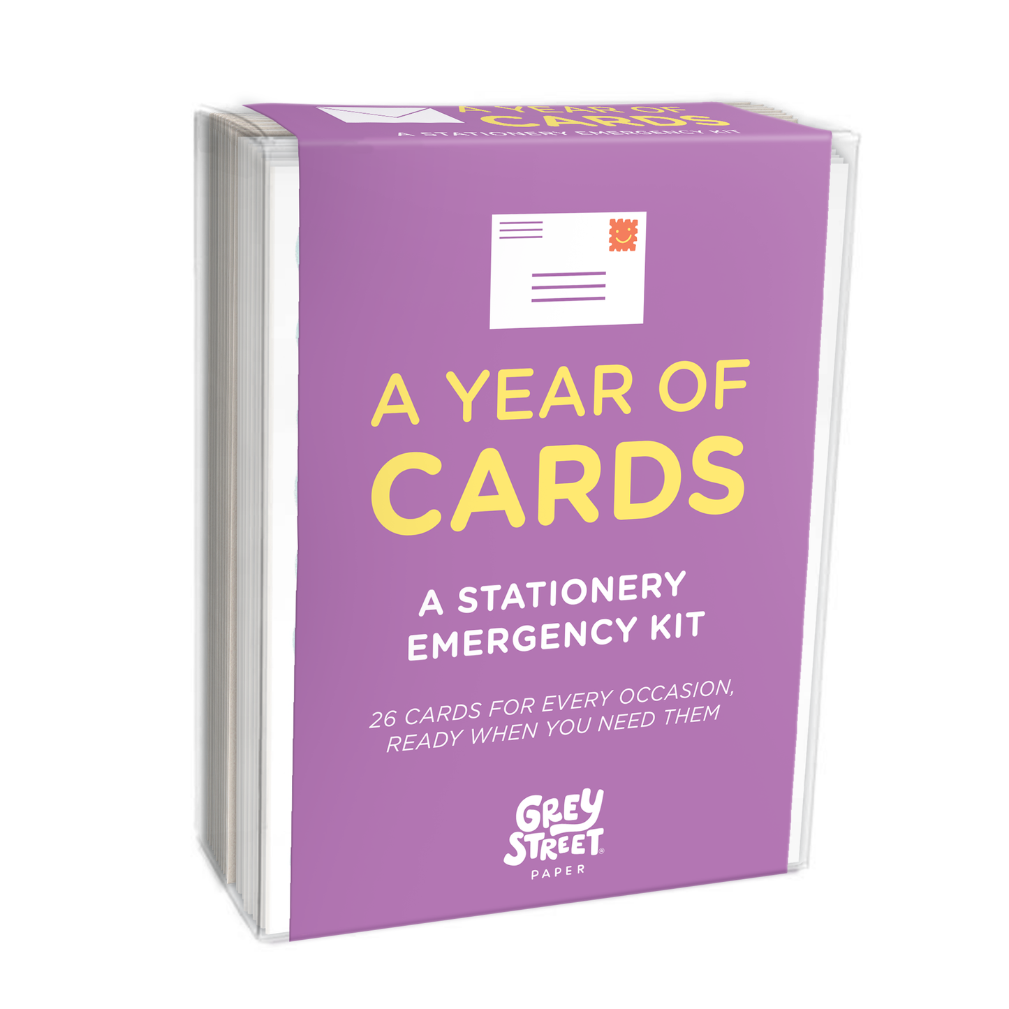 Purple box of 'A Year of Cards' stationery emergency kit by Grey Street Paper on a white background