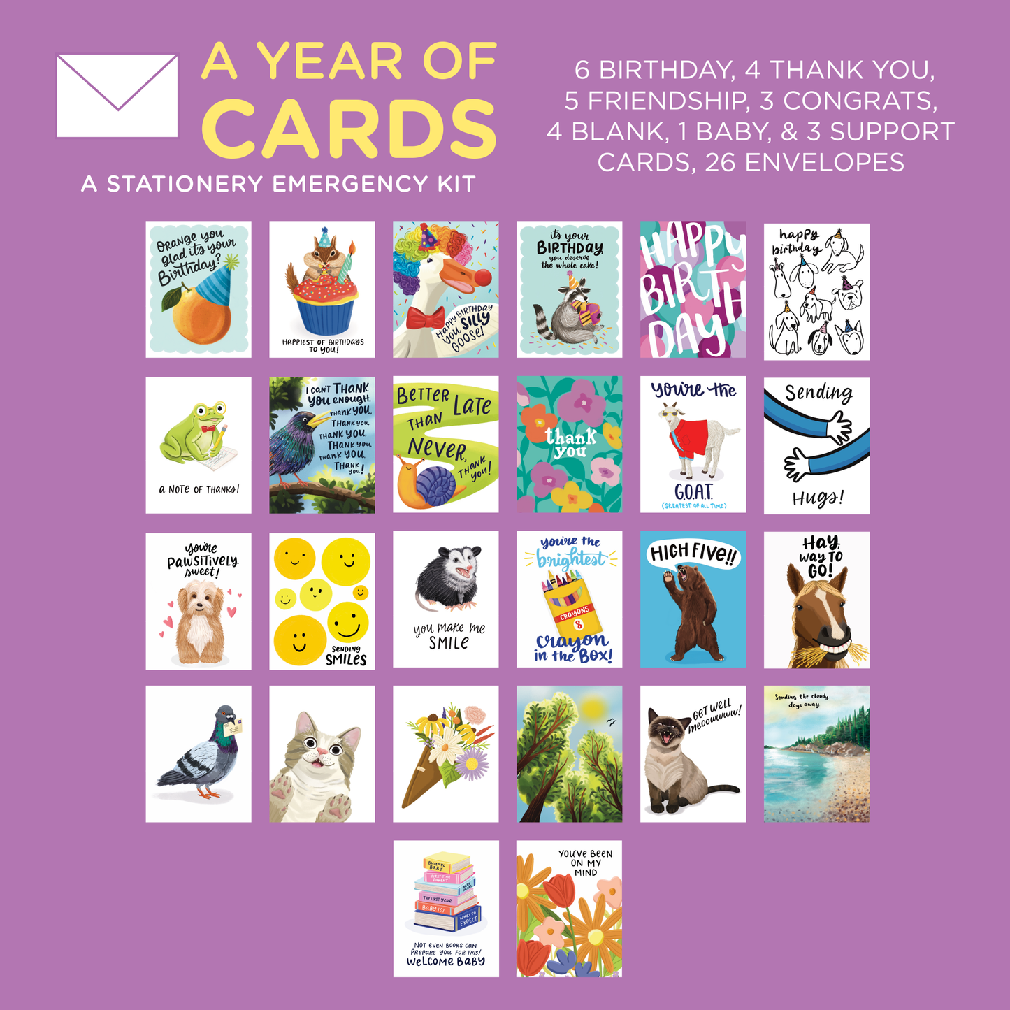 Collection of various greeting cards on a purple background with text indicating card types.