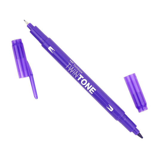A Tombow TwinTone marker in purple with a cap on one end, showing both the broad and extra-fine tips.