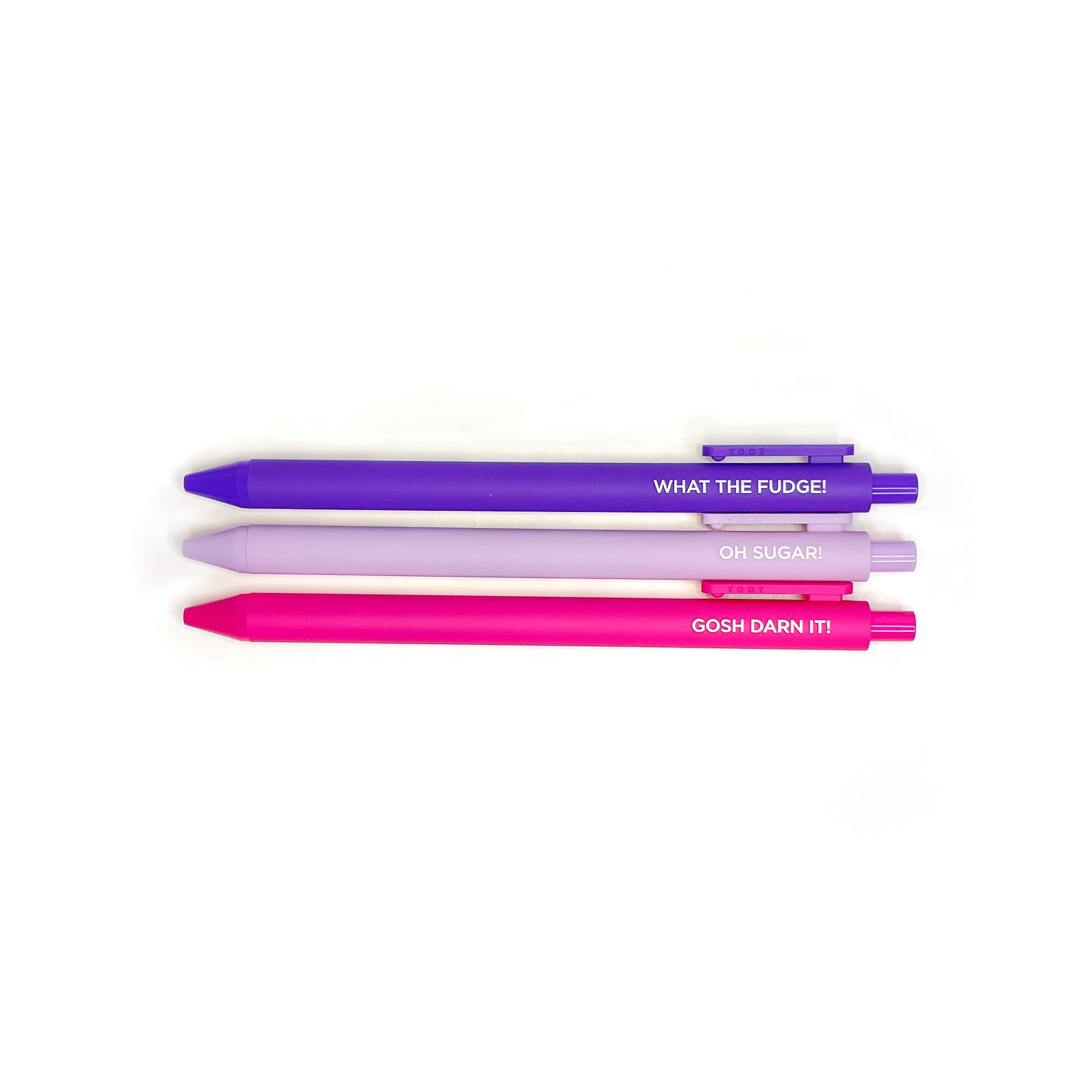 grandma cuss words pen set. what the fudge purple pen. oh sugar light purple pen. gosh darn it pink pen.