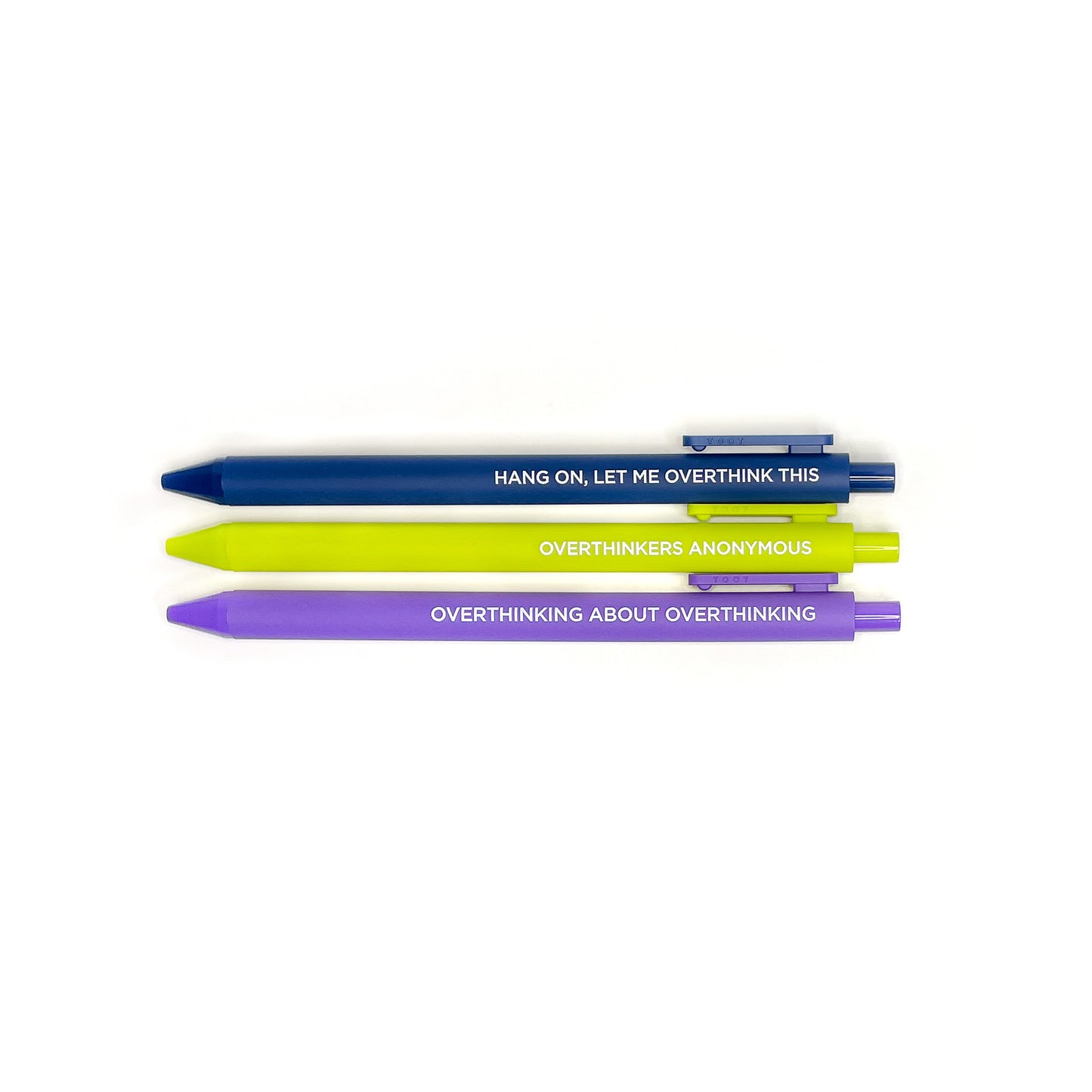 3 pens set with overthinking sayings on a white background