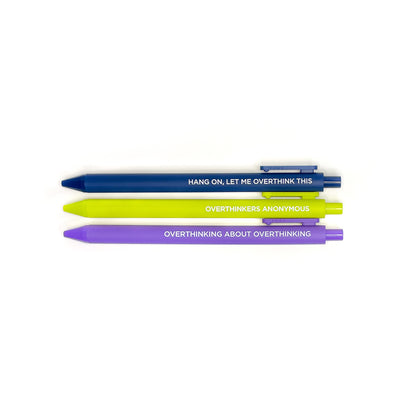 3 pens set with overthinking sayings on a white background